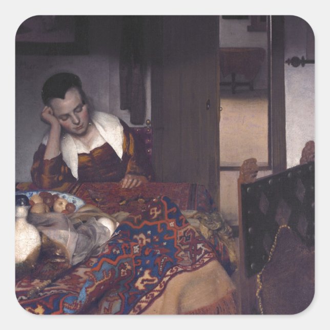 Pegatina Cuadrada Un Chica dormido por Johannes Vermeer (Anverso)