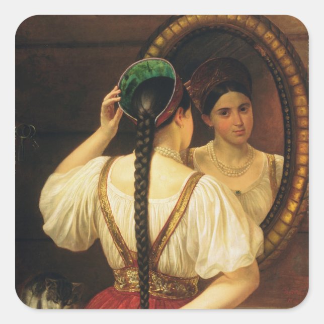 Pegatina Cuadrada Un chica en el espejo, 1848 (Anverso)
