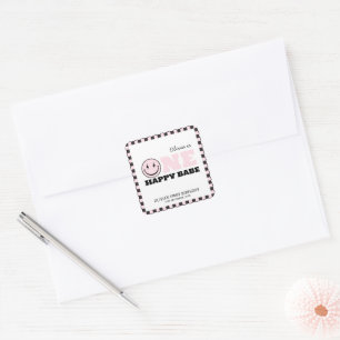 Pegatina Cuadrada Un Chica feliz de los bebés rosado primer cumpleañ