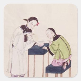 Pegatina Cuadrada Un chica que busca suerte en un cuenco de agua