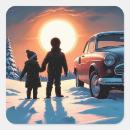 Pegatina Cuadrada Un chica y un niño viendo la puesta de sol en invi