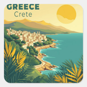 Pegatina Cuadrada Un clásico cartel de viaje nostálgico – Grecia Cre