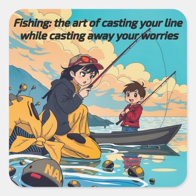 Pegatina Cuadrada Un día en el agua: Pesca y familia (Anverso)