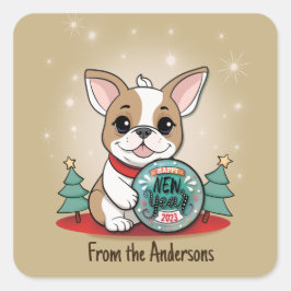 Pegatina Cuadrada Un divertido Bulldog francés feliz año nuevo
