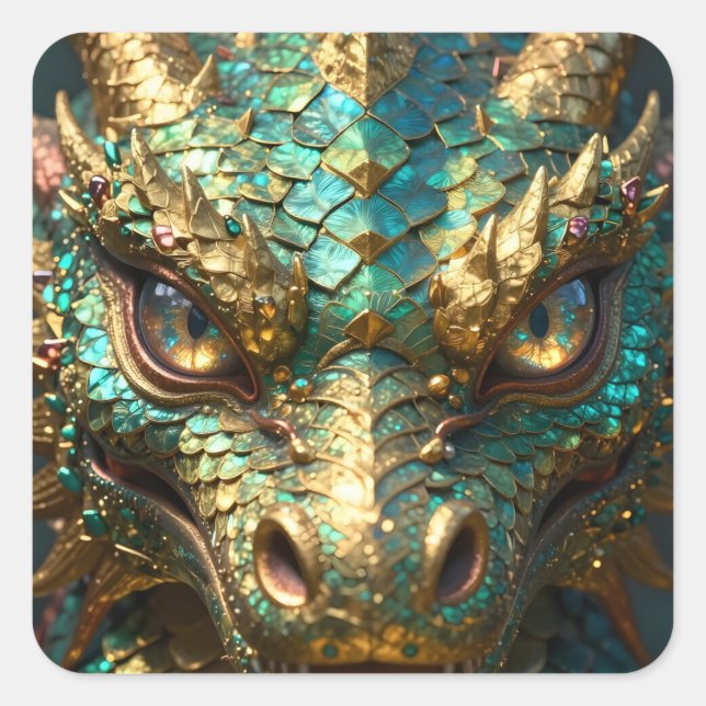 Pegatina Cuadrada Un dragón místico turquesa y dorado (Anverso)