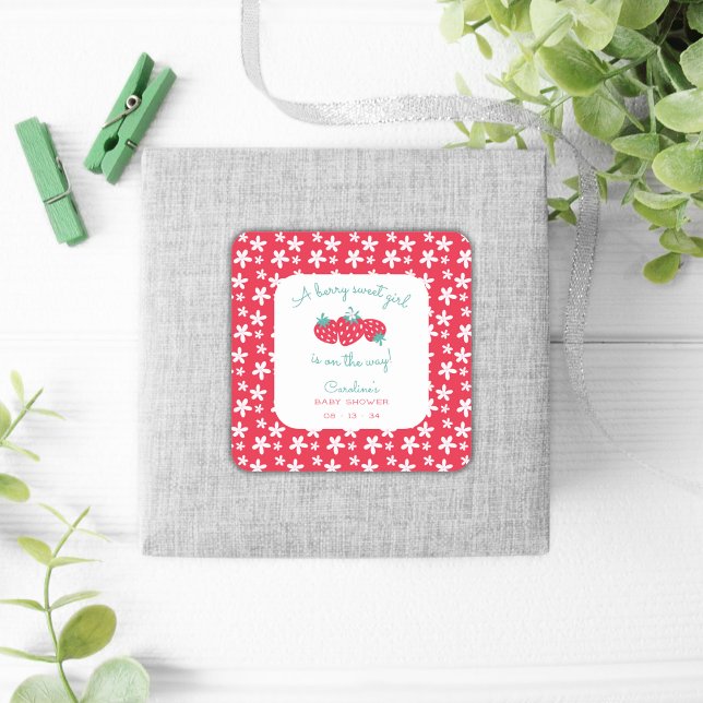 Pegatina Cuadrada Un dulce Chica Baby Shower Strawberry Floral (Subido por el creador)