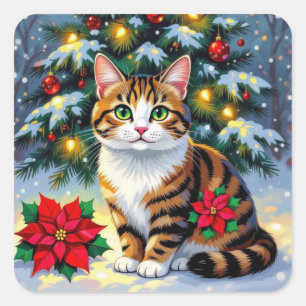 Pegatina Cuadrada Un dulce gatito en la nieve festiva de Navidad