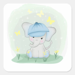 Pegatina Cuadrada Un elefante lindo en un prado de flores.