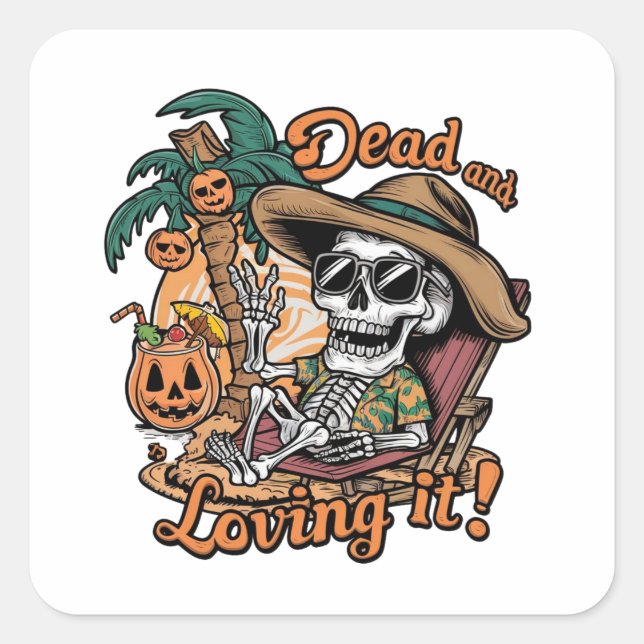 Pegatina Cuadrada Un esqueleto con gafas de sol y tumbado en un ser (Anverso)