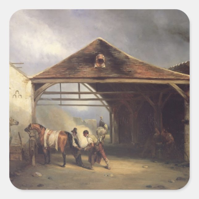 Pegatina Cuadrada Un Farrier que empaca un caballo (Anverso)