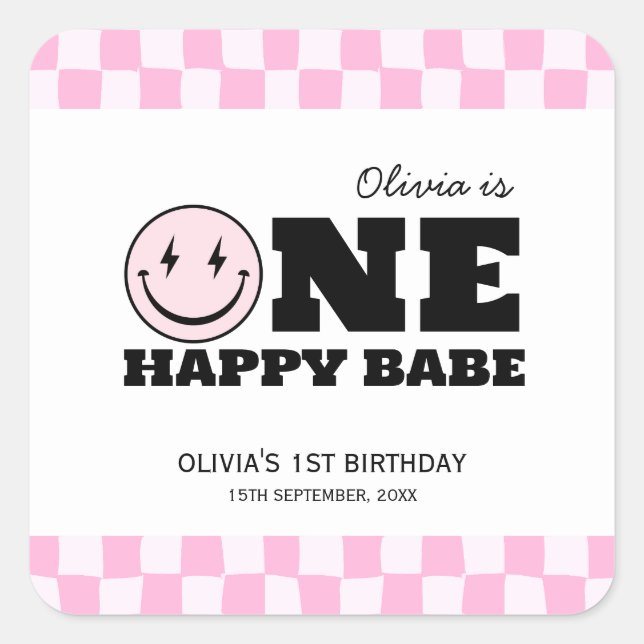 Pegatina Cuadrada Un feliz cumpleaños de Babe Pink Checkered (Anverso)