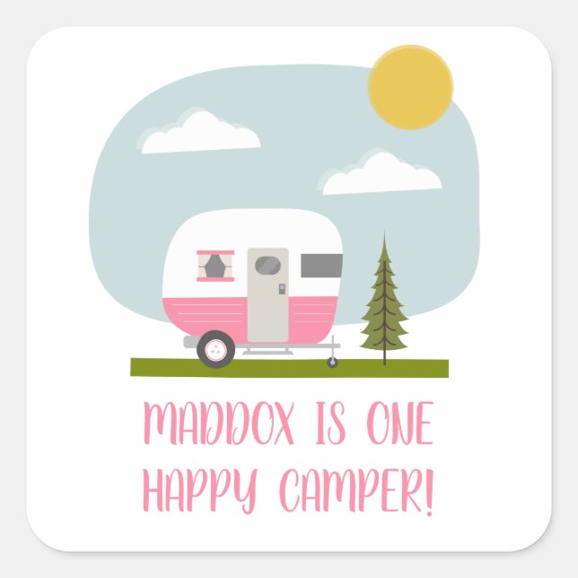 Pegatina Cuadrada Un feliz cumpleaños del Camper Trailer Rosa (Anverso)