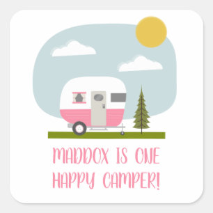 Pegatina Cuadrada Un feliz cumpleaños del Camper Trailer Rosa