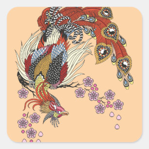 Pegatina Cuadrada un fénix mágico sentado en una plaza sakura en f