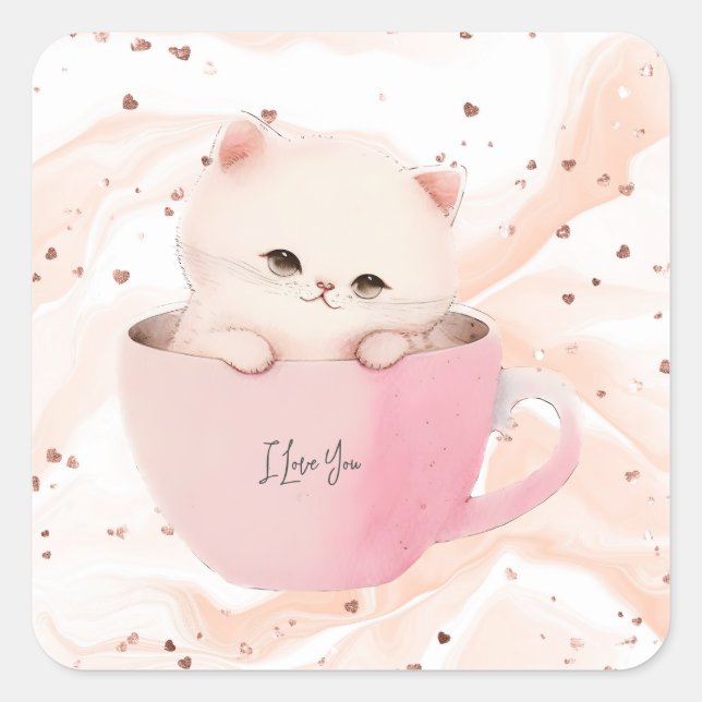 Pegatina Cuadrada Un gatito lindo en una taza de té (Anverso)