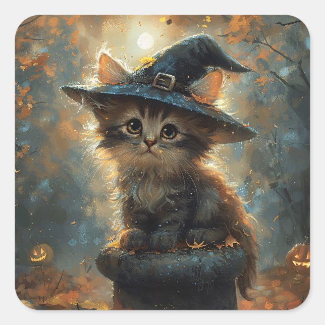 Pegatina Cuadrada Un gatito lindo vistiendo a un Gorra de brujas (Anverso)