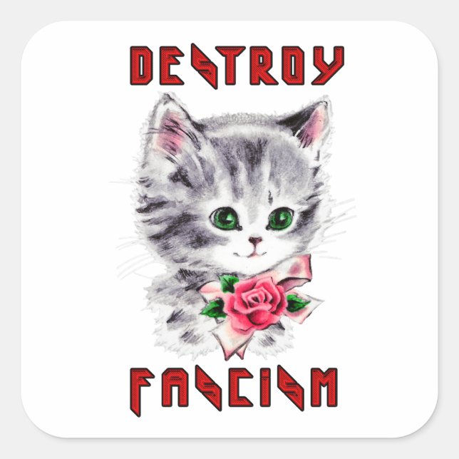 Pegatina Cuadrada Un gatito retro lindo - Destruye el fascismo (Anverso)