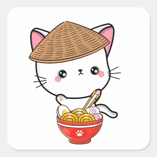 Pegatina Cuadrada Un gato blanco gracioso come fideos (Anverso)