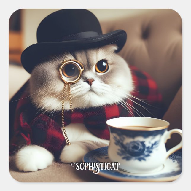 Pegatina Cuadrada Un gato con un monóculo (Anverso)