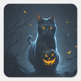 Pegatina Cuadrada Un gato de Halloween con un llamativo jackolantern