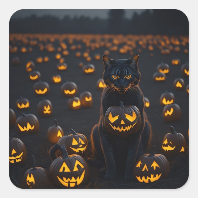 Pegatina Cuadrada Un gato de Halloween con una calabaza brillante (Anverso)