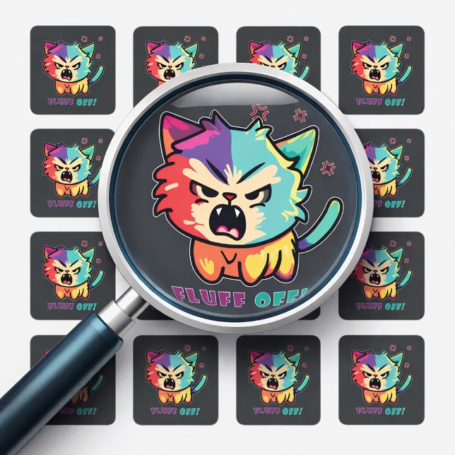 Pegatina Cuadrada Un gato enfurecido que silba Fluff Off. (Cute angry cat hissing Fluff Off. Square Sticker)