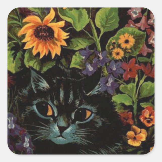 Pegatina Cuadrada Un gato escondido en las flores por Louis Wain Peg (Anverso)