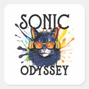 Pegatina Cuadrada un gato escuchando música en auriculares