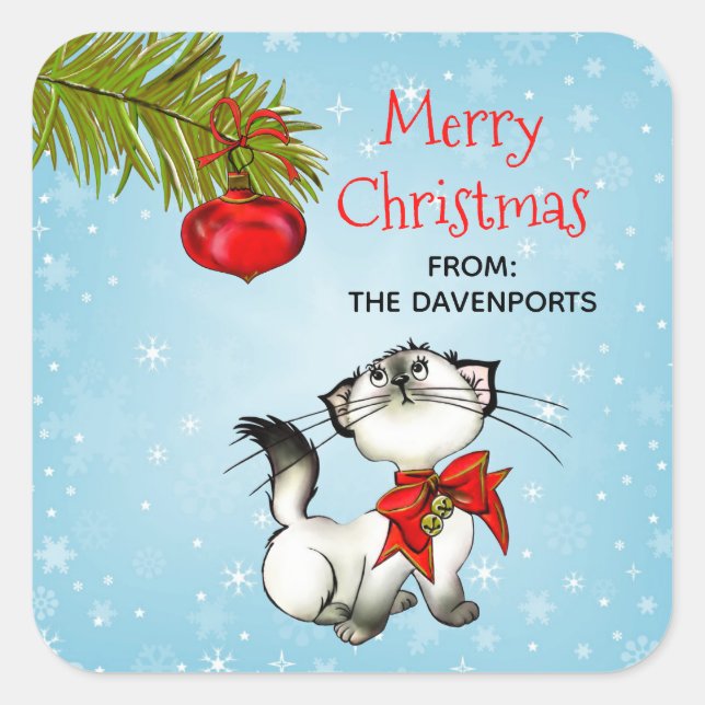 Pegatina Cuadrada Un Gato Gatito Gatito Jugador En Un Golpe De Navid (Anverso)
