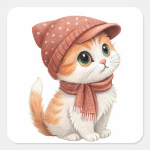 Pegatina Cuadrada Un Gato, Gorra Y Scarf, Color Pastel