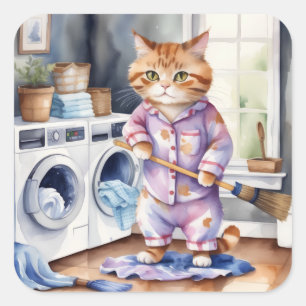 Pegatina Cuadrada Un gato gracioso en pijamas lavando ropa