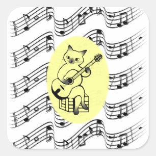 Pegatina Cuadrada Un gato gracioso toca la guitarra en notas musical
