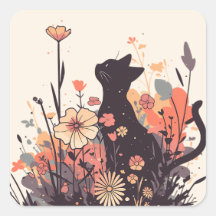 Un gato kawaii en el campo lleno de flores