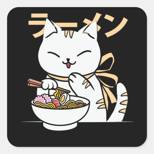 Pegatina Cuadrada Un gato lindo comiendo Ramen | Regalo para Cat & R (Anverso)