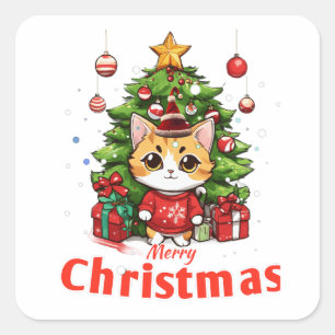 Pegatina Cuadrada Un gato lindo dice que es feliz Navidad