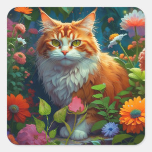 Pegatina Cuadrada Un gato Naranja en las flores que se mantiene en c