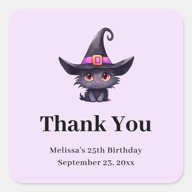 Pegatina Cuadrada Un gato negro lindo en el Gorra de una bruja Graci (Anverso)
