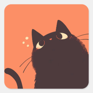 Pegatina Cuadrada Un gato negro lindo y gracioso sobre fondo Naranja