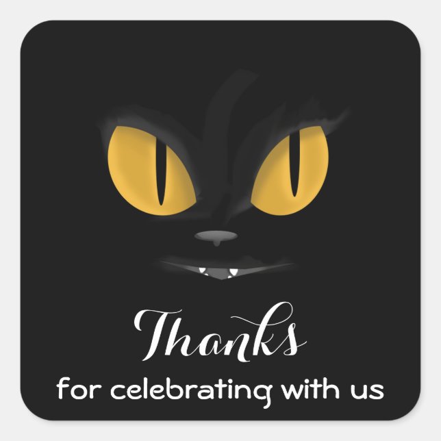 Pegatina Cuadrada Un gato negro malicioso con fangos gracias (Anverso)