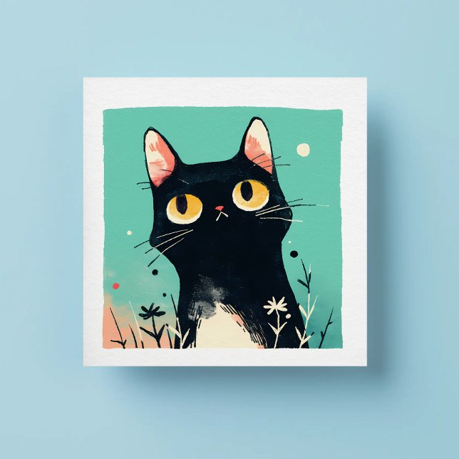 Pegatina Cuadrada Un gato negro retro lindo con fondo azul (Subido por el creador)