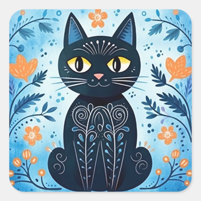 Pegatina Cuadrada Un gato negro sucio y moderno en tonos otoñales (Anverso)