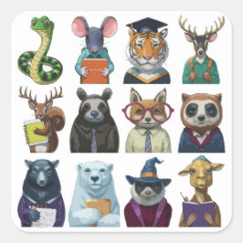 Pegatina Cuadrada Un grupo de 12 animales escolarizados
