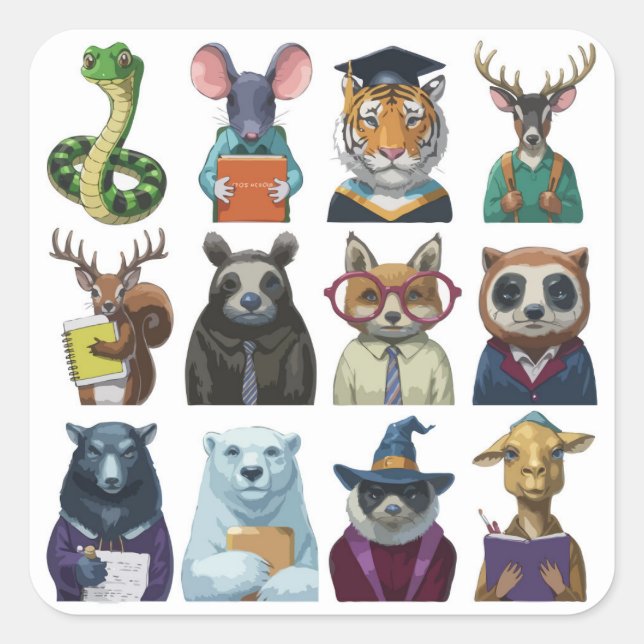 Pegatina Cuadrada Un grupo de 12 animales escolarizados (Anverso)