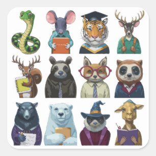 Pegatina Cuadrada Un grupo de 12 animales escolarizados