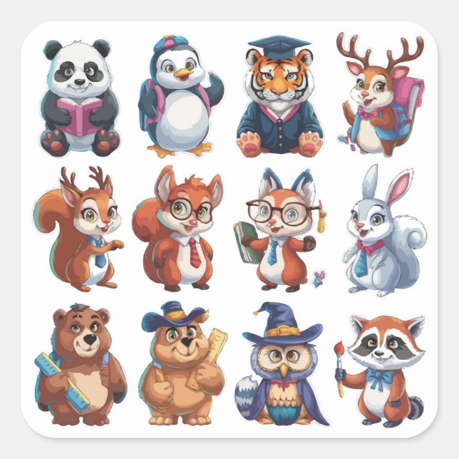 Pegatina Cuadrada Un grupo de 12 animales escolarizados (Anverso)