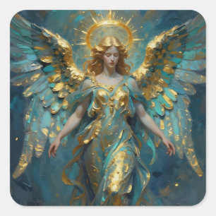 Pegatina Cuadrada Un hermoso ángel de oro y turquesa