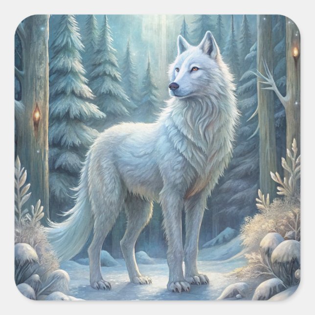 Pegatina Cuadrada Un Hermoso Lobo Blanco (Anverso)