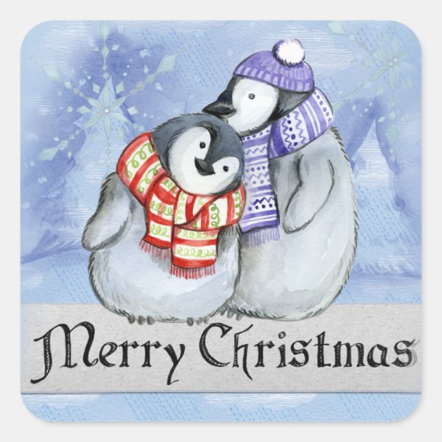 Pegatina Cuadrada Un íntimo par de pingüinos abrazando (Anverso)