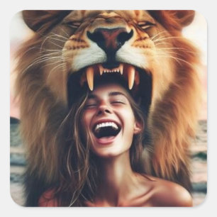 Pegatina Cuadrada Un león ruidoso y un chica riéndose