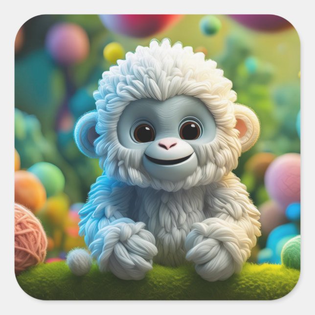 Pegatina Cuadrada Un lindo bebé Yeti hecho de hilo (Anverso)